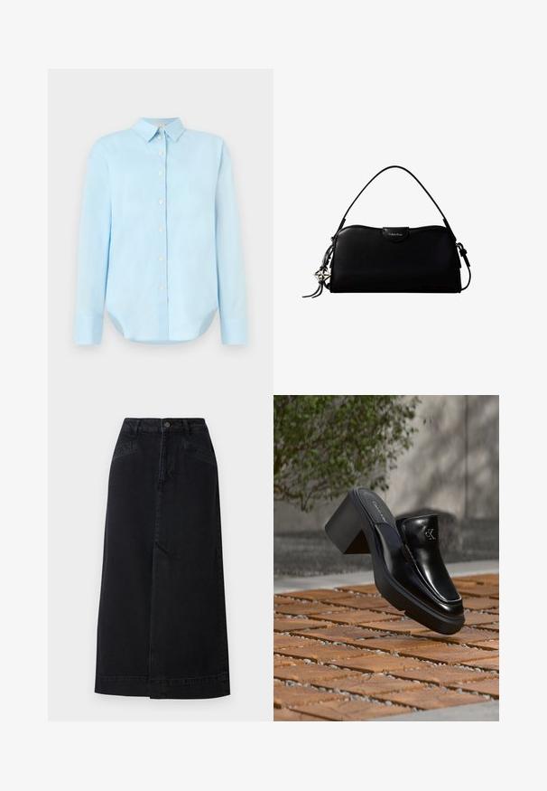Lysblå skjorte med knapper foran, lange ærmer, krave, afrundet kant og fem knapper foran; lavet af glat, letvægtsstof.; Sort denim midi nederdel med en lige pasform, frontlukning med knapper og sidelommer med diskrete syninger.; Sort læder Calvin Klein slip-on mule med blokhæl, der hviler på trætøj udendørs nær en grøn plante og en grå væg.; Sort rektangulær Calvin Klein håndtaske med enkelt toprem, sølvlogo vedhæng og lille klaplukning foran.