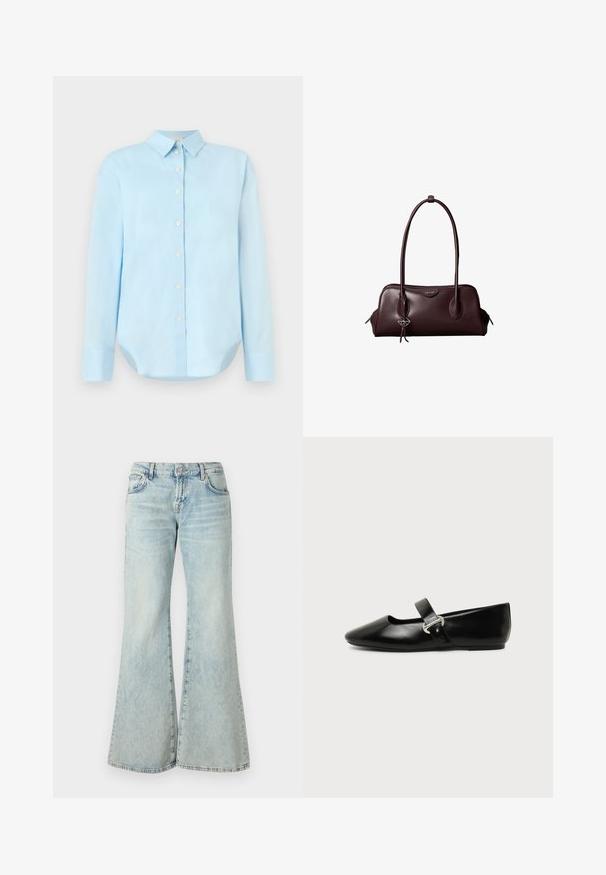 Lysblå skjorte med knapper foran, lange ærmer, krave, afrundet kant og fem knapper foran; lavet af glat, letvægtsstof.; Lyseblå flared jeans lavet af denim, med høj talje, lommer og frynset kant. Stoffet har et slidt look og en subtil struktur.; Sort læder Mary Jane-flad sko med rundet tå og sølvspænde på ensfarvet baggrund.; Mørkebrun lædertaske fra Calvin Klein med lange dobbelte håndtag og en lille logohængende ved det ene håndtag.