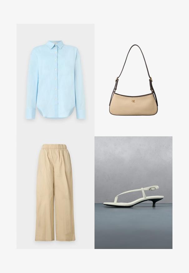 Chemise boutonnee bleu clair avec des manches longues, un col, un ourlet arrondi et cinq boutons à l'avant ; fabriquée en tissu lisse et léger.; Pantalon beige à jambes larges avec une ceinture élastique, un devant plat et une texture de tissu lisse. Dispose d'une coupe ample pour le confort.; Sandale blanche à talon kitten avec des lanières et un bout pointu, flottant au-dessus d'un sol en carrelage en bois en plein air avec un arrière-plan flou de plante et de mur.; Sac à bandoulière rectangulaire beige avec une sangle réglable brun foncé et un logo doré "cK" centré à l'avant.