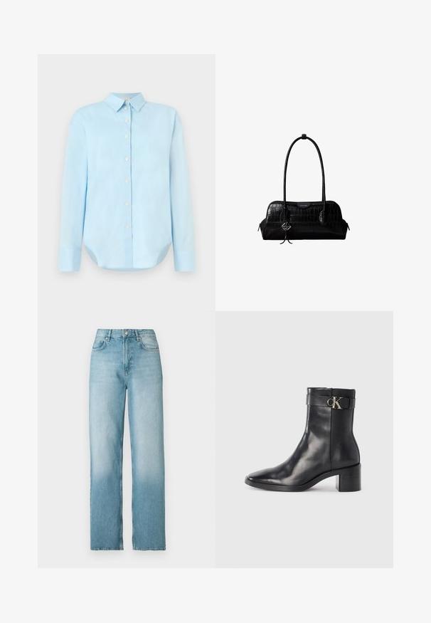 Camisa de botón azul claro con mangas largas, cuello, dobladillo redondeado y cinco botones frontales; hecha de una tela suave y liviana.; Vaqueros de mezclilla azul claro de tiro alto y pierna recta con botón y cremallera delanteros, bolsillos delanteros y traseros, exhibidos sobre un fondo blanco.; Bota de tobillo de cuero negra con punta afilada, tacón cuadrado y una correa con un detalle de logo metálico. Textura suave y diseño minimalista.; Bolso de hombro negro de cuero con textura de cocodrilo, con correas largas y un pequeño colgante de logo plateado en una correa.
