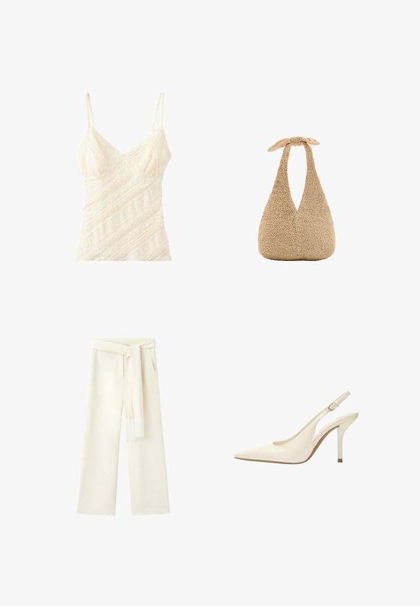 Camisole en dentelle couleur crème avec fines bretelles réglables et motifs floraux en diagonale.; Pantalon crème taille haute à jambes larges avec poches latérales et ceinture assortie en tissu aux extrémités frangées nouée à la taille.; Chaussure à talon haut pointu couleur crème avec bride slingback fine et boucle dorée, vue latérale inclinée sur fond blanc.; Sac à main beige texturé avec une poignée nouée et une forme triangulaire arrondie présenté sur un fond blanc.