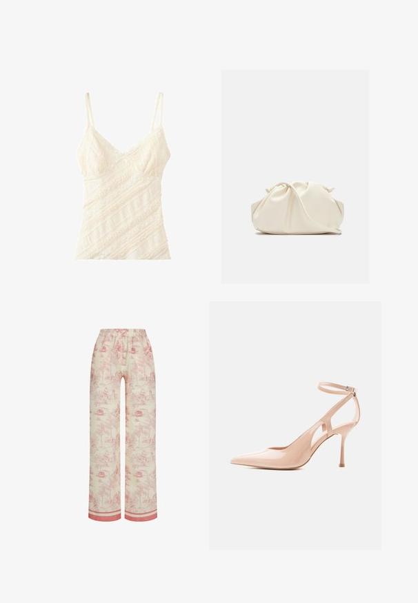 Crèmekleurige kanten camisole met dunne verstelbare bandjes en diagonale bloemmotieven van kant.; Katoenen pyjamabroek met een licht beige achtergrond en een rood toilepatroon dat pastorale taferelen uitbeeldt. Elastische tailleband en contrasterende zoom.; Naakte lakleren pump met naaldhak, puntige neus, uitgesneden zijkanten en verstelbare enkelband met gesp.; Zachte, crèmekleurige leren clutch met geplooid, gerimpeld ontwerp en een dunne schouderriem die vooraan op een effen achtergrond ligt.