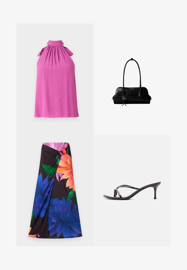 Top sans manches en rose vif avec un col haut, un décolleté froncé et des nœuds décoratifs sur les épaules, fabriqué à partir d'un tissu doux.; Jupe maxi florale avec un fond noir, mettant en avant de grandes fleurs bleues et orange. Design noué à la taille avec un accent rouge. Tissu doux.; Sandale à talon en cuir verni noir avec fines lanières croisées et talon aiguille moyen et élancé sur fond blanc.; Sac à épaule en cuir noir à texture crocodile, avec de longues sangles et un petit charm logo argenté sur une sangle.