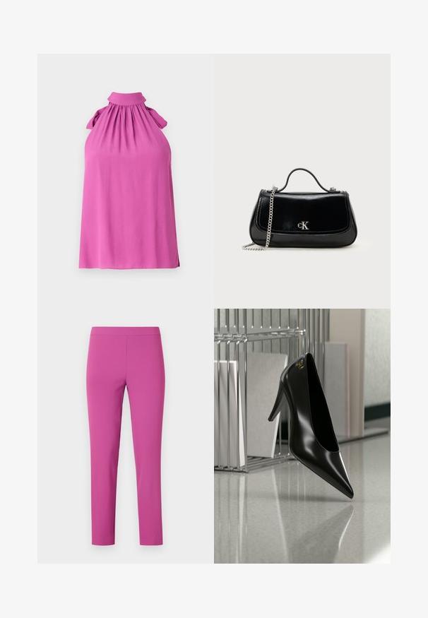 Ärmelloses Oberteil in leuchtendem Pink mit hohem Kragen, gerafftem Ausschnitt und Schleifenakzenten an den Schultern, aus weichem Material gefertigt.; Eng anliegende, hochtaillierte Hose in lebhaftem Pink, aus glattem, dehnbarem Stoff. Knöchellanger Schnitt ohne sichtbare Taschen oder Verschlüsse.; Schwarzer High-Heel-Schuh mit spitzer Zehe und goldem Logo, auf einer reflektierenden Oberfläche nahe einem verchromten Draht-Organizer mit Dokumenten positioniert.; Schwarze Lederhandtasche mit einer Kettenriemen, strukturierter Form und einem silbernen Logo-Akzent. Glatte Textur mit einem Klappenverschluss.