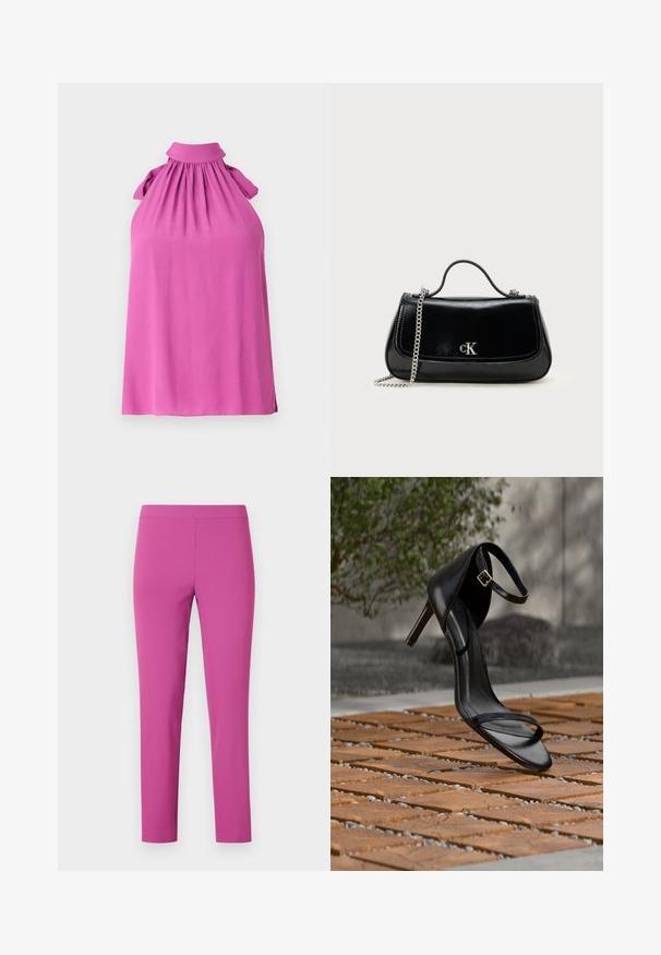 Top sin mangas en un vibrante color rosa con un cuello alto, escote fruncido y acentos de lazo en los hombros, hecho de una tela suave.; Pantalones ajustados de cintura alta en un vibrante color rosa, hechos de una tela lisa y elástica. Corte hasta los tobillos sin bolsillos ni cierres visibles.; Sandalia negra de tacón alto con correa en el tobillo, parece suspendida sobre un suelo de baldosas de madera al aire libre, con un fondo difuminado de vegetación y piedra.; Bolso de mano de cuero negro con correa de cadena, forma estructurada y un acento de logo plateado. Textura suave con cierre de solapa.