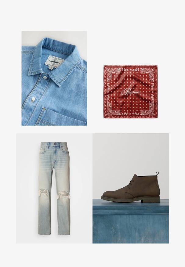 Lichtblauw denimhemd met een boord met knoopsluiting, een borstzak en witte knoopsluitingen. Heeft gele stiksels als accent.; Lichtblauwe denim jeans met een hoge taille, wijde benen en opvallende scheuren bij de knieën. Heeft rafelige randen en subtiele vervaging.; Bruine schoen van synthetisch leer met een afgeronde neus, veters en een gestructureerde rubberen zool. De schoen heeft een lus aan de achterkant voor gemakkelijk aan- en uittrekken.; Rode bandana met witte paisley- en diamantpatronen, met het woord "Verboden" in elegante letters in het midden.