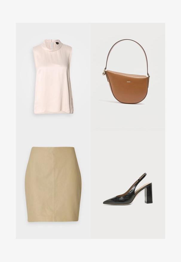 Blusa sin mangas de color rosa pálido con cuello alto, confeccionada en una tela lisa y brillante. Presenta un cierre de botones en la parte posterior y un dobladillo curvado.; Falda mini de cuero beige con un diseño ajustado, textura suave y una costura central que corre verticalmente por la parte posterior.; Zapato slingback de piel negra con puntera puntiaguda, tacón alto y ancho, y forro interior beige sobre un fondo claro y liso.; Bolso media luna de cuero marrón con una única correa, logo BOSS dorado en el frente y pequeño detalle de cremallera dorada en el lateral.