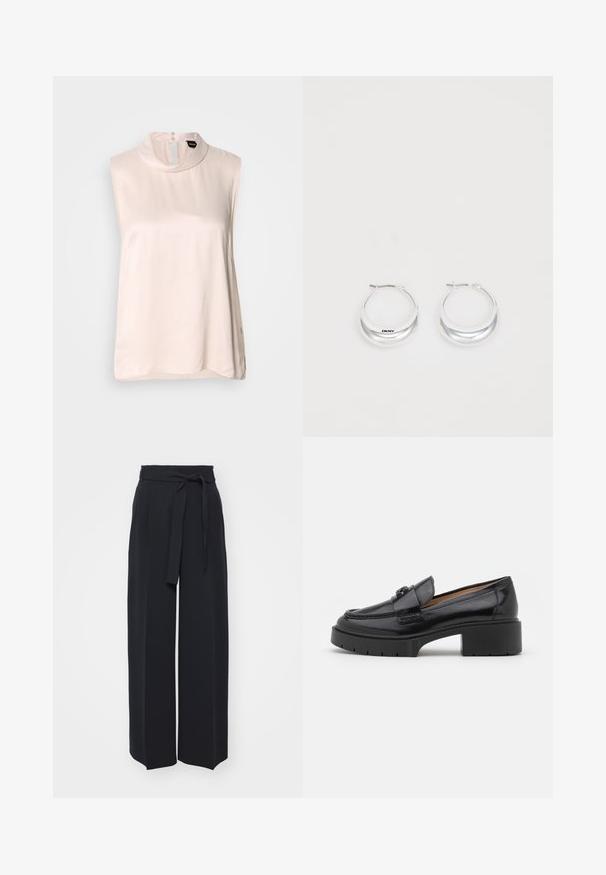 Hihaton vaaleanpunainen pusero, jossa korkea kaulus, valmistettu sileästä, kiiltävästä kankaasta. Takana nappikiinnitys ja kaartuva helma.; Leveled black trousers made of soft fabric. Features a belted waistband and front pleats. Smooth texture with a clean, contemporary design.; Mustapohjaiset nahkaloaferit, joissa on matala lohkarekorko, pyöristetty varvas, koristeellinen nauha ja teksturoitu ommel yläosassa. Sileä viimeistely.; Hope hopea, joissa on kiiltävä pinta ja DKNY-brändäys, aseteltuna yksinkertaista valkoista taustaa vasten.