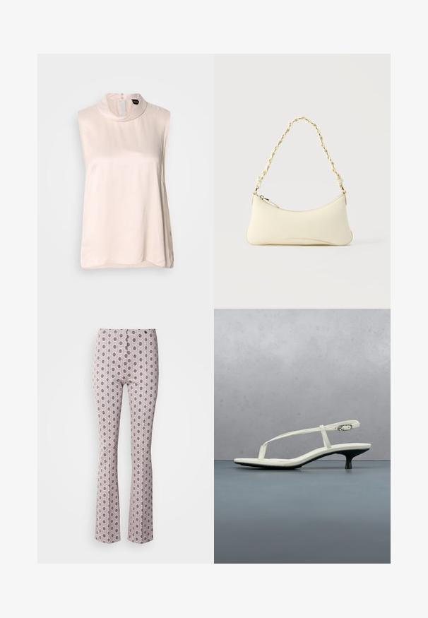 Blouse sans manches rose pâle avec un col haut, confectionnée dans un tissu lisse et brillant. Elle présente une fermeture à boutons dans le dos et un ourlet arrondi.; Pantalons évasés en tissu rose clair présentant un motif circulaire complexe en noir. Design structuré avec une taille haute et des détails de coutures subtils.; Sandale blanche à talon kitten avec des lanières et un bout pointu, flottant au-dessus d'un sol en carrelage en bois en plein air avec un arrière-plan flou de plante et de mur.; Petit sac à main couleur crème avec une forme incurvée et une poignée en chaîne torsadée ton or, fermeture éclair sur le dessus