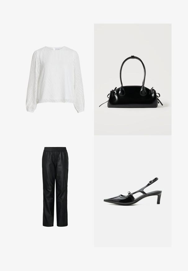 Blusa blanca de manga larga con un sutil patrón texturizado ondulado, escote redondo y cierre de botones en la parte trasera.; Pantalones de cuero negro con cintura elástica, diseño estructurado, piernas anchas, textura suave y costuras visibles y detalles de panel.; Zapato slingback de charol negro con punta puntiaguda, tacón bajo y dos correas ajustables con hebillas, mostrado de perfil lateral.; Pequeño bolso negro brillante con dos asas largas y detalles de cordón lateral sobre un fondo claro liso.