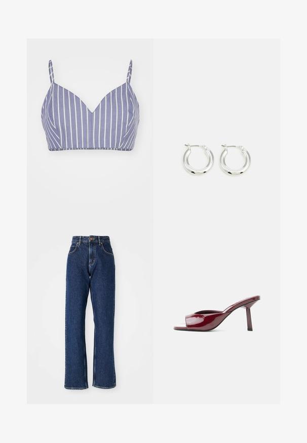 Bralet z svetlofialovej bavlny s vertikálnymi bielymi pruhmi, s výstrihom do V a tenkými nastaviteľnými ramienkami. Hladká textúra, priliehavý strih.; Tmavomodré vysoko pásové rovné džínsy s predným gombíkom, zipsovým uzáverom a viditeľným šitím na vreckách a švoch.; Lesklé bordové otvorené šľapky s úzkym stredne vysokým podpätkom a zakrivenou stielkou na jednoduchom bielom pozadí.; Strieborné kruhové náušnice s lešteným povrchom, ktoré majú kruhový tvar a závesné zapínanie. Hladký povrch s minimálnymi detailmi.