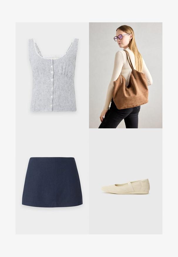 Ärmelloses Button-Up-Top in Weiß und Grau mit vertikalen Streifen, breiten Trägern und taillierter Brust, auf einem schlichten Hintergrund präsentiert.; Dunkelblaue, kurze A-Linien-Rock aus einem strukturierten, leichten Stoff mit einem glatten Bund und ohne Muster oder Verzierungen.; Beige Ballerinas aus glattem Leder mit mandelförmiger Zehenpartie und elastischem Riemen über dem Fußrücken, ausgestattet mit dezenten Nähtelementen.; Braune Wildleder-Tasche mit weicher Textur, großer Öffnung und langen Trägern. Sie verfügt über ein simples Design mit sichtbarem Stich und ohne Beschläge.