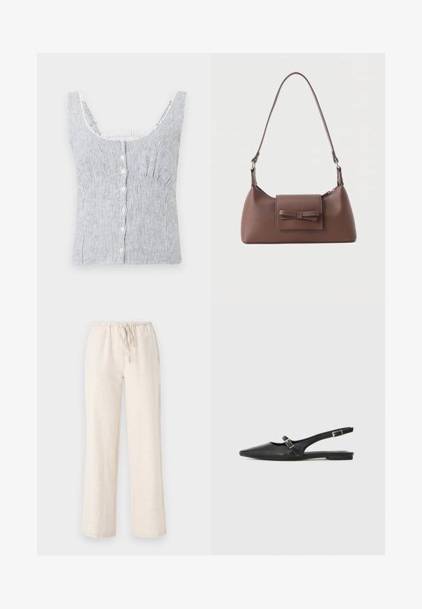 Witte en grijze verticaal gestreepte zonder mouwen button-up top met brede bandjes en een aansluitende buste, weergegeven op een effen achtergrond.; Lichtbeige, loszittende linnen broek met een elastische tailleband en verstelbare koord. Gladde textuur en een recht model.; Zwarte leren slingback schoenen met een spitse neus, voorzien van een smalle band en een zilveren gesp aan de zijkant. Platte zool.; Bruine leren schoudertas met een voorvak met klep en een gestikte strikdetail en een verstelbare band.