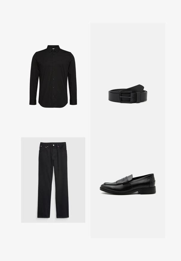 Chemise noire à manches longues en tissu lisse, avec un col pointu, une fermeture boutonnée à l'avant et un petit logo sur la poitrine.; GAP 90S LOOSE - Jean large - black; Mocassin homme en cuir noir avec détail pompon, bout arrondi, talon bas et finition polie lisse, montré de profil sur fond blanc.; Ceinture en cuir noir avec une finition mate, boucle en métal rectangulaire et texture lisse. Présente un design épuré sans motifs visibles.