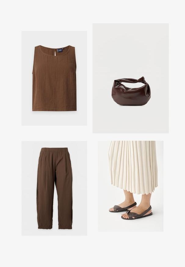 Haut marron sans manches en tissu texturé, col rond et petite fermeture par bouton dans le dos, étiquette de marque GAP à l'intérieur.; Pantalon marron ample à taille élastique, jambes droites et tissu froncé, présenté sur un fond clair et uni.; Pieds portant des sandales marron foncé à bride arrière avec des bretelles croisées, assorties à une longue jupe plissée de couleur crème.; Sac bandoulière en cuir marron foncé avec une forme souple et décontractée et une anse nouée torsadée sur un fond blanc uni.