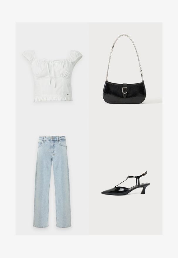 Λευκό crop top από μαλακό ύφασμα, με φουσκωτά μανίκια, σχέδιο που δένει μπροστά και μπροστινή φούστα με ρυτίδες. Μικρό λογότυπο της μάρκας εμφανίζεται στη πλευρά.; Ανοιχτό μπλε τζιν με ίσια γραμμή, διακριτικό σχέδιο με λευκές τελείες, μπροστινές τσέπες, θηλιές για ζώνη και κλείσιμο με κουμπί και φερμουάρ.; Μαύρο παπούτσι slingback από λουστρίνι με μυτερή μύτη, T-στραπ και χαμηλό κεκλιμένο τακούνι, σε λευκό φόντο.; Μαύρη τσάντα ώμου από δερμάτινο γυαλιστερό υλικό με ασημένια αγκράφα και ασημένια αλυσίδα, εμφανιζόμενη σε απλό φωτεινό φόντο.