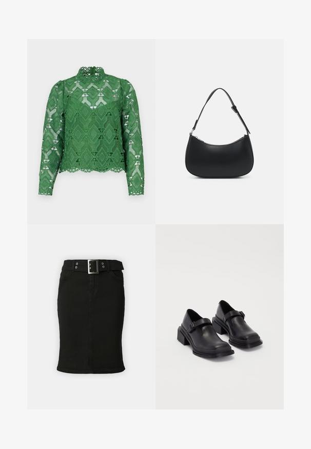 Top de encaje verde con mangas largas, cuello alto y tela con patrón de diamantes. Bajo scalloped detallado y un diseño de cortes intrincados.; Falda de mezclilla negra con una silueta ajustada, lazos para cinturón y un cinturón ancho con una hebilla cuadrada de plata. Incluye bolsillos frontales y un dobladillo recto.; Zapatos de cuero negros con punta redondeada, suela plana y una correa con detalle de hebilla. Tacón cuadrado grueso para mayor estabilidad.; Pieces PCALUANA SHOULDER BAG - Bolso de mano - black