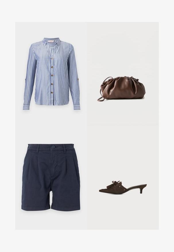 Camisa de manga larga con rayas verticales azules y blancas, escote en V, cuello y botones marrones en la parte delantera y en las pestañas de las mangas.; Pantalones cortos azul marino de tejido trenzado, con cierre frontal de botón, diseño plisado y bolsillos laterales. Dobladillo limpio en las aperturas de las piernas.; Zapato mule de ante marrón con puntera puntiaguda, tacón bajo de tipo kitten, lazada con lazo y detalles con borlas sobre fondo blanco.; Bolso tipo bolsa de cuero marrón suave con parte superior fruncida y asa delgada, apoyado sobre un fondo blanco.