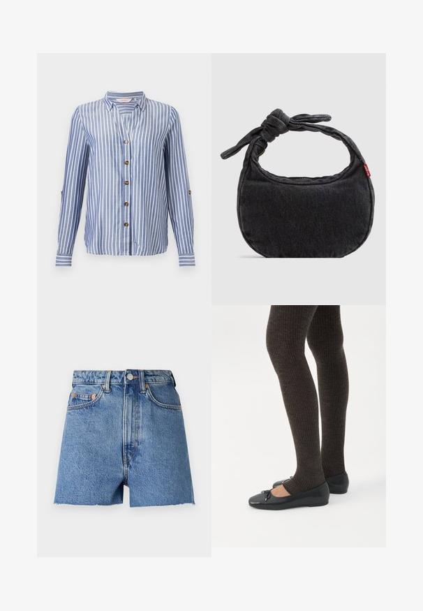 Blauw-wit gestreept shirt met lange mouwen, verticale strepen, V-hals, kraag en bruine knopen aan de voorkant en op de mouwplooiers.; Lichtblauwe denim shorts met een hoge taille, franjes aan de onderkant en koperen hardware. Heeft twee voorkan pockets en een klassiek vijf-pocket ontwerp.; Benen met donkere geribbelde leggings gecombineerd met zwarte ballerina's met kleine strikdetails op een witte achtergrond.; Kleine zwarte denim schoudertas met een gestrikte riem en ritssluiting, met een rood Levi's stoffen label aan de zijkant.
