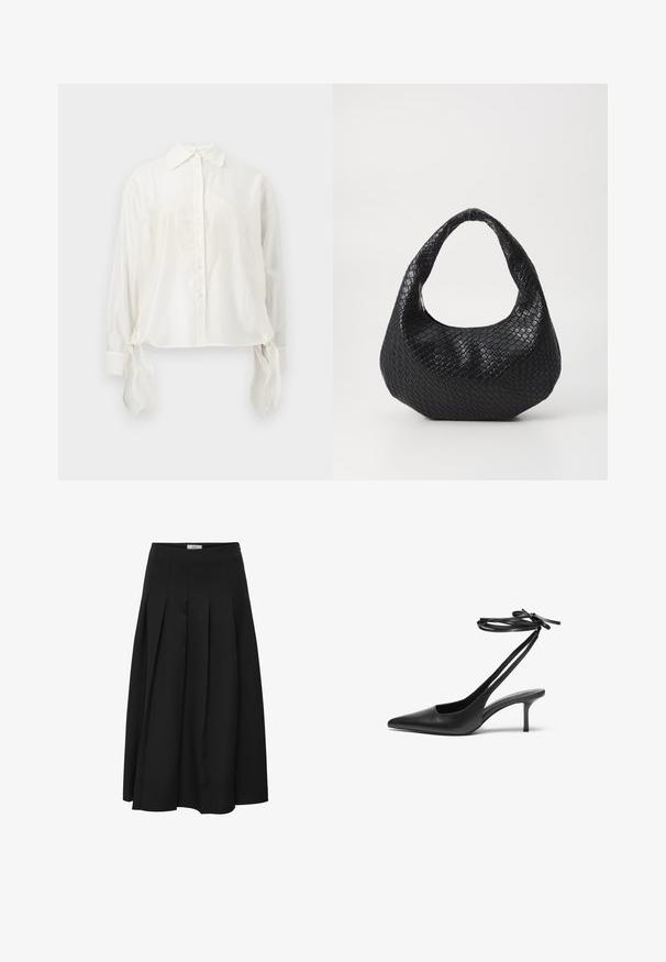 Blouse blanche à manches longues avec boutons, col pointu et liens en tissu suspendus à chaque poignet, présentée sur un fond neutre.; Jupe midi plissée noire en tissu lisse. Elle présente une taille haute et une silhouette fluide avec des plissés soigneusement cousus.; Escarpin noir en cuir avec un bout pointu, un dos ouvert et des brides à la cheville nouées en nœud. Talon fin de 3 pouces. Texture lisse, design minimaliste.; Sac à main tissé noir avec une poignée courbée, présentant une surface texturée et une forme décontractée. Fini lisse avec une silhouette organique.