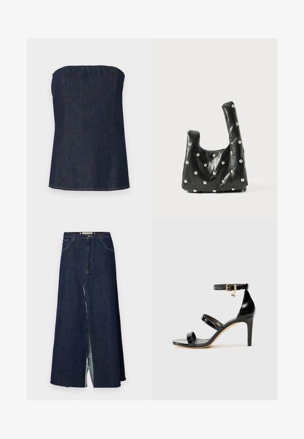 Donkerblauwe denim tube top, met een gathering bij de nek en een nette zoom. Gladde textuur en minimale stikdetails.; Donkerblauwe denim lange rok met een split aan de voorkant. Bevat een traditionele vijf-pocket ontwerpelement en zichtbare stikselaccenten. De zoom is rafelig.; Zwarte gepatineerde leren sandaal met drie banden, enkelgesp en 10 cm hoge stiletto hak. Bevat gouden hardwaredetails en een logo charm.; Zwarte leren tas met een zachte textuur, voorzien van ronde bovenhandvatten en metallic parelaccenten op het oppervlak. Compacte, gestructureerde vorm.