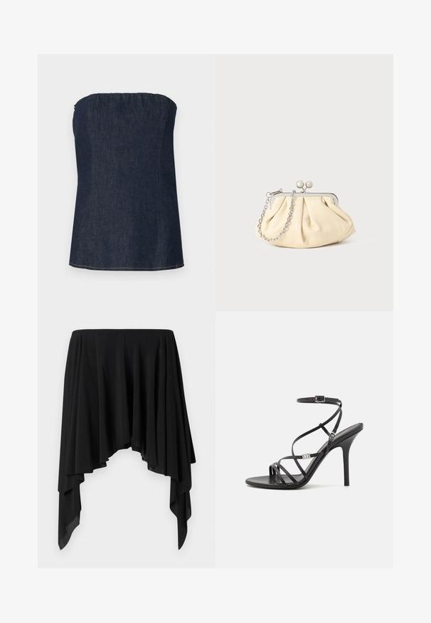 Denim tube top i mørkeblå med en sammensunket halsudskæring og en ren kant. Glat tekstur og minimal syning.; Sort asymmetrisk nederdel lavet af blødt stof, der har draperede lag og et bredt livbånd, hvilket skaber en flydende silhuet.; Sort højhælet sandal med tynde stropper, en ankelspænde, en glat læderoverflade og en slank stilethæl.; Plisseret beige læderclutch med en sølvmetalramme, der har to runde dekorative låse og en sølvkædetrasporte.