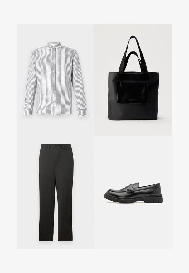 Chemise à manches longues à boutons de couleur gris clair avec des rayures verticales blanches. Dotée d'un col classique et de poignets avec un motif rayé.; Pantalons noirs à jambes droites avec une texture lisse, dotés d'une taille à cordon de serrage et d'un tissu léger et discret.; Mocassin en cuir noir avec une large sangle sur le devant, semelle en caoutchouc à épaisse rainure, et texture lisse. Design classique et élégant.; Sac cabas noir avec poche zippée à l'avant et double poignée, posé sur un fond clair uni.