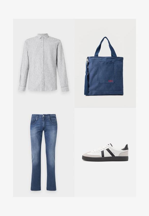 Langärmliges Hemd mit Knöpfen in Hellgrau mit weißen vertikalen Streifen. Verfügt über einen klassischen Kragen und Manschetten mit gestreiftem Muster.; Blaue Jeans im Slim-Fit-Stil mit Frontknopf, Reißverschluss sowie Vorder- und Hintertaschen auf weißem Hintergrund.; Weiße Sneaker mit schwarz- und grau-aczenten, ausgestattet mit einer strukturierten grauen Zehenkappe, schwarzer Gummi-Sohle und flachen weißen Schnürsenkeln. Sauberes Design, minimalistische Stil.; Blauer Canvas-Einkaufstasche mit Vordertasche und roter "O.N.S" Stickerei, ausgestattet mit zwei Griffen und einem verstellbaren Schulterriemen.