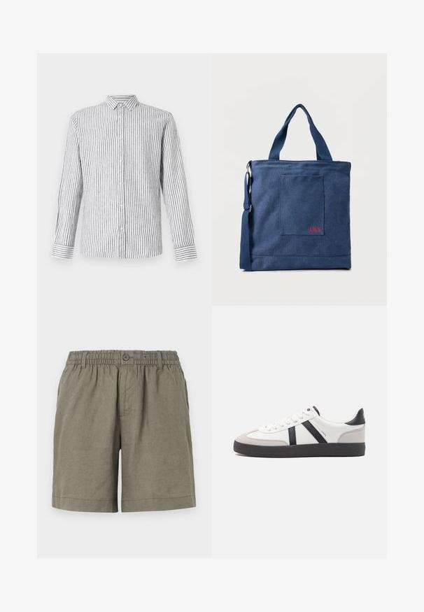 Langærmet skjorte med knapper i lys grå med hvide lodrette striber. Har en klassisk krave og manchetter med et stribet mønster.; Khaki shorts i letvægtsstof med elastisk talje og knaplukning. Har et lige ben design og optrukket kant.; Hvide sneakers med sorte og grå detaljer, med en tekstureret grå tåhætte, sort gummisål og flade hvide snørebånd. Rent design, minimalistisk stil.; Blå lærredstote taske med frontlomme og rød "O.N.S" broderi, med to håndtag og en justerbar skulderrem.