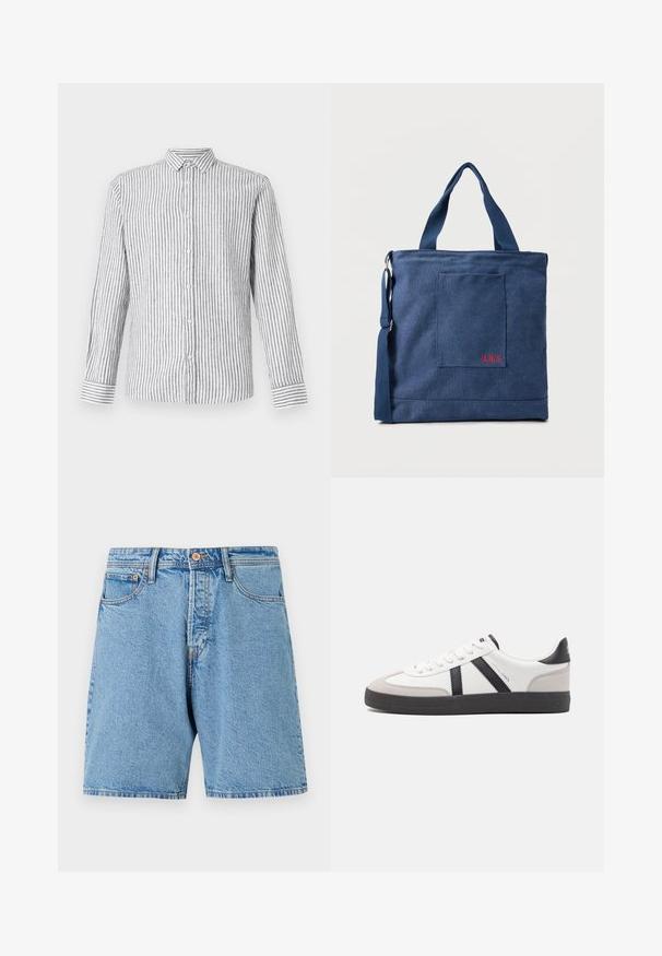 Langærmet skjorte med knapper i lys grå med hvide lodrette striber. Har en klassisk krave og manchetter med et stribet mønster.; Lyseblå denimshorts med klassisk pasform, fem lommer og kontraststing. Har knaplukning og frynset kant.; Hvide sneakers med sorte og grå detaljer, med en tekstureret grå tåhætte, sort gummisål og flade hvide snørebånd. Rent design, minimalistisk stil.; Blå lærredstote taske med frontlomme og rød "O.N.S" broderi, med to håndtag og en justerbar skulderrem.