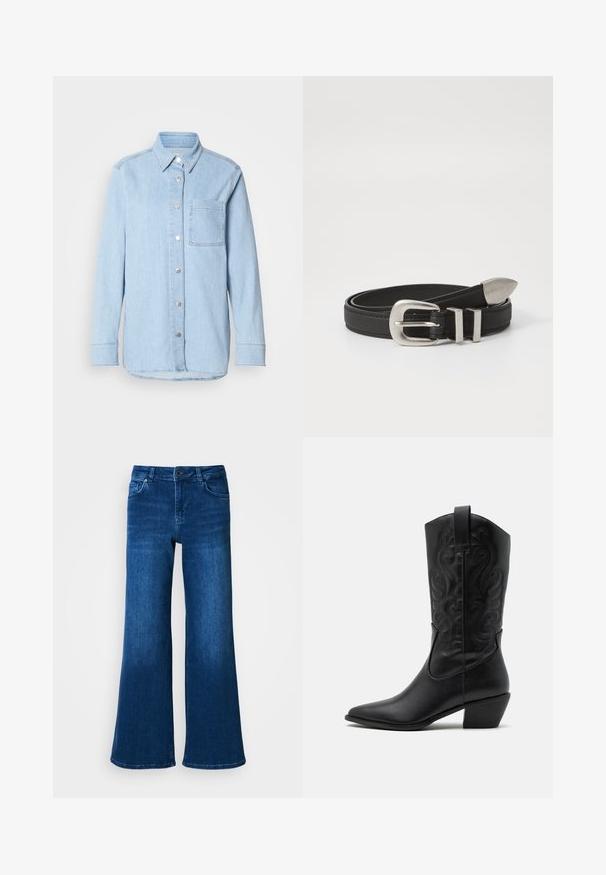 Lichtblauwe denim shirt met een knoopsluiting aan de voorkant, puntige kraag, één borstzak en lange mouwen met knoopmanchetten.; Blauwe denim wijde broek met hoge taille, heeft vijf zakken, knoop- en ritsluiting, en een gladde, gelijkmatige textuur.; Zwarte leren cowboylaars met een spitse neus, gegraveerde draaiende patronen en een halfhoge hak. Voorzien van een trekhaak voor gemakkelijk aan- en uittrekken.; Zwarte leren riem met een zilveren metalen gesp en dubbele lusaccenten, met een textuurafwerking en een taps toelopend einde voor een veilige pasvorm.