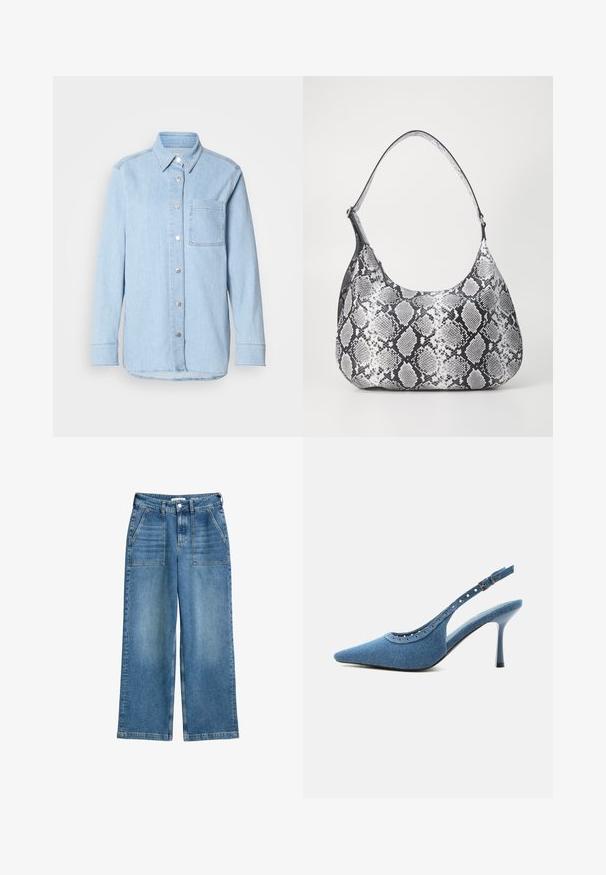 Lyseblå denimskjorte med knaplukning foran, spids krave, enkelt brystlomme og lange ærmer med knapmanchetter.; Højhalsede, brede bukser i blå denim med frontlommer, bæltestropper og lukning med frontknap og lynlås.; Blå denim spids tå slingback sko med høj hæl, sølv øjendesign og justerbar spænde.; Sort-hvid slangemønster skuldertaske med en rund form, glat tekstur og en buet rem. Har et sølvfarvet hardware-accents.