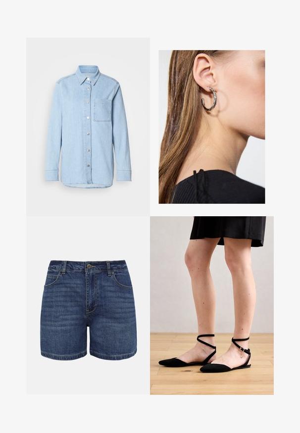 Heledsinine denimsärk nööpidega ees, terava kraega, ühe rinna- taskuga ja pikkade varrukatega, millel on nööbid mansettides.; Tumesinised teksapüksid ees nööbi, lukuga, vööaasade ja esitaskutega, valgel taustal.; Mustade sametist lapikud sandaalid terava ninaga, millel on pahkluuringid, mis ristuvad ja lukuga kinnitamine. Siledat tekstuuri ja minimalistlik disain.; Hõbedane rõngas kõrvarõngas poleeritud viimistlusega, millel on väikesed kuldsed aktsendid ja ümmargune kuju, kantud lobus.