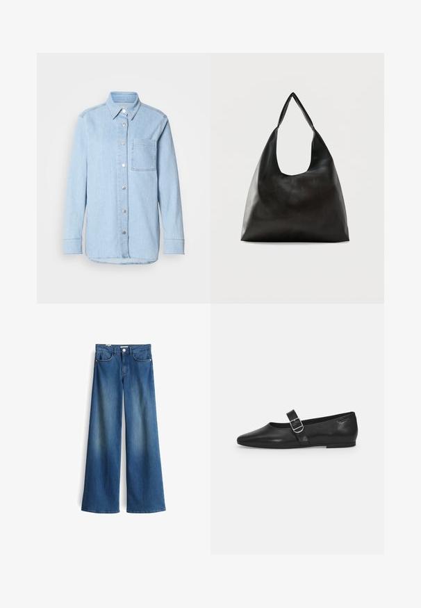 Lichtblauwe denim shirt met een knoopsluiting aan de voorkant, puntige kraag, één borstzak en lange mouwen met knoopmanchetten.; Wijde denimjeans in medium blauw met een gladde textuur. Bevat twee voorzakken en een klassieke knoopsluiting bij de taille.; Zwarte leren platte schoen met een ronde neus, een enkele verstelbare gespsluiting en een gladde, glanzende textuur. Minimalistisch ontwerp met een lage hak.; Zwarte schoudertas van glad leer met een brede, enkele band en een nonchalant, minimalistisch ontwerp tegen een effen achtergrond.