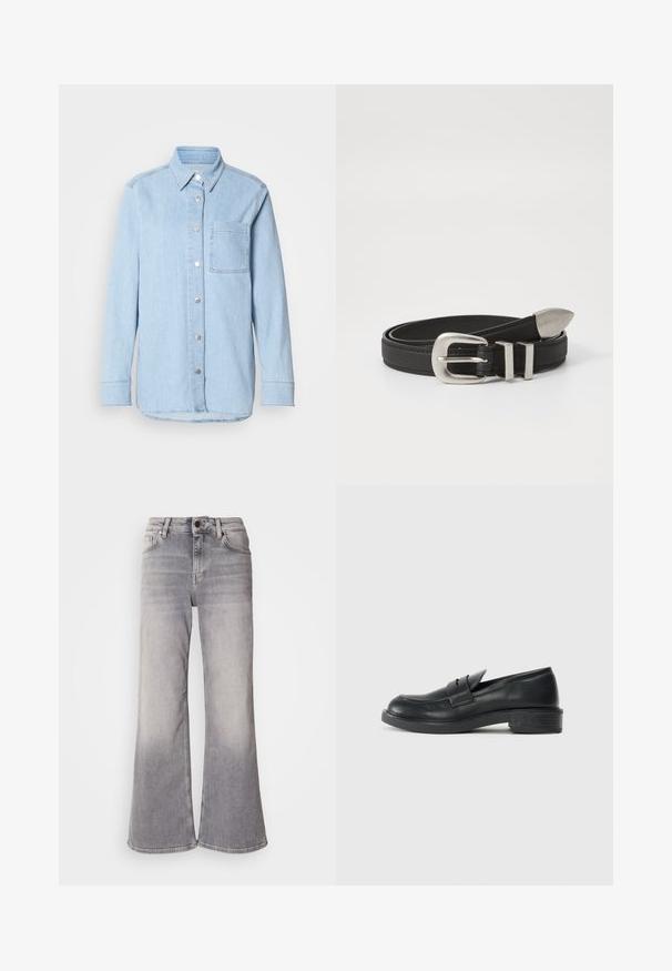 Lyseblå denimskjorte med knaplukning foran, spids krave, enkelt brystlomme og lange ærmer med knapmanchetter.; Mos Mosh HERA - Flared jeans - grey; Sorte læder loafers med rund tå, stikninger og en lille hæl. Glat tekstur og en fleksibel gummisål.; Sort læderbælte med en sølvfarvet metalspænde og dobbelt løkke detaljer, der har en tekstureret overflade og en spids ende for en sikker pasform.