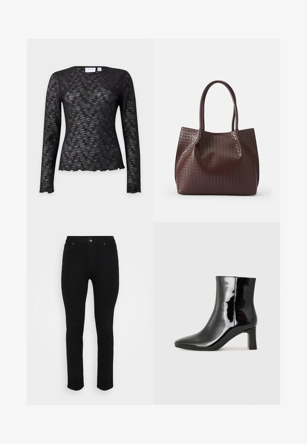 Sort blomstret blondebluse med rund halsudskæring og bølget kant, semi-gennemsigtig med tætsiddende silhuet.; Sorte denimjeans med slim fit, fem-lomme design, frontknaplukning og let stræk for komfort. Flad, glat tekstur med minimal dekoration.; Sort lakeret ankelstøvle med spids tå og en midt-højde blokhæl. Glat tekstur og minimalistisk design.; Brun vævet læder tote taske med to håndtag, der har en tekstureret overflade og et åbent topdesign. Minimalistisk form uden yderligere hardware.