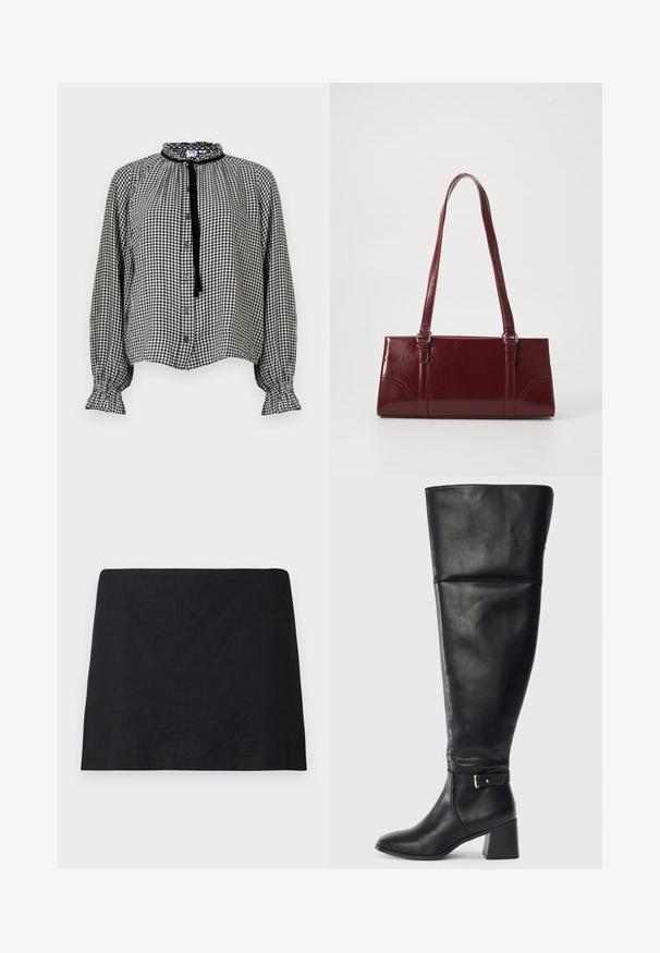 Blouse à manches longues en vichy noir et blanc avec col et poignets à volants, boutonnage sur le devant, et un ruban noir noué au cou.; Mini-jupe noire à coupe droite, design simple sans motifs ni ornements visibles, présentée sur un fond blanc uni.; Botte en cuir noire à hauteur de genou avec un talon carré et une sangle décorative avec boucle dorée au-dessus de la cheville, vue de côté sur fond blanc.; Sac à main bordeaux en matériau brillant, de forme rectangulaire, avec deux anses et des accents légèrement courbés à l'avant.