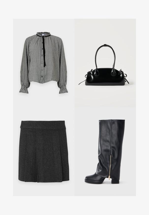 Blouse à manches longues en vichy noir et blanc avec col et poignets à volants, boutonnage sur le devant, et un ruban noir noué au cou.; Jupe noire plissée en tissu texturé. Ceinture mi-haute avec des lignes épurées. Coupe classique adaptée à diverses occasions.; Botte en cuir noire montant jusqu'au genou avec talon épais et détail de fermeture éclair dorée sur le côté, sur fond blanc.; Petit sac à main noir brillant avec deux longues anses et des détails à cordon sur les côtés sur un fond clair uni.