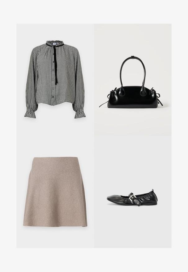 Blusa de manga larga de cuadros vichy en blanco y negro con cuello y puños con volantes, cierre frontal abotonado y una cinta negra para atar en el cuello.; Una falda beige de corte acampanado, hecha de una tela suave con una textura lisa y un dobladillo limpio. Diseño sencillo sin patrones o adornos visibles.; Zapato plano de piel negra con puntera afilada, detalle fruncido alrededor de la abertura y un acento de hebilla plateada en la correa ajustable.; Pequeño bolso negro brillante con dos asas largas y detalles de cordón lateral sobre un fondo claro liso.