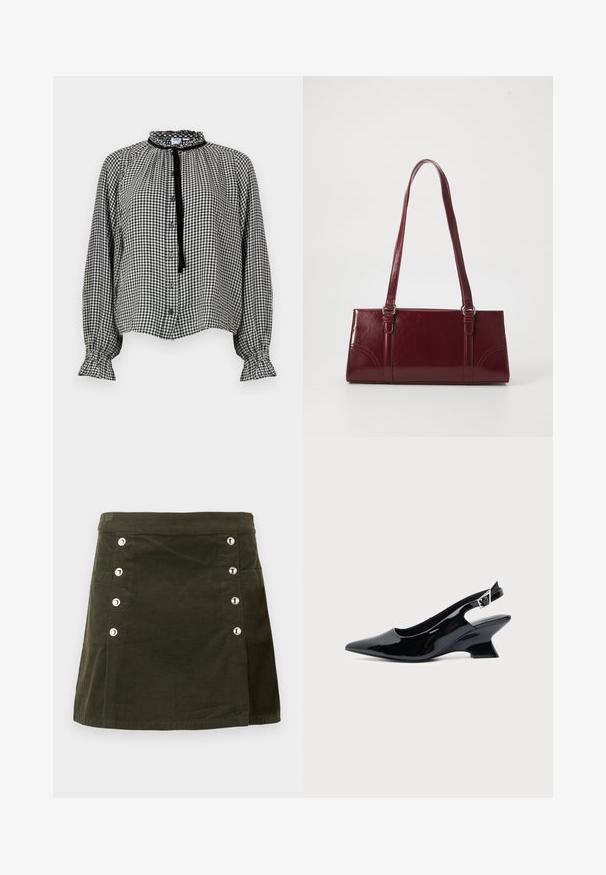 Blouse à manches longues en vichy noir et blanc avec col et poignets à volants, boutonnage sur le devant, et un ruban noir noué au cou.; Jupe en velours côtelé vert olive avec cinq boutons argentés à l'avant et une poche latérale, coupe droite et texture subtile.; Chaussure slingback en cuir verni noir avec bout pointu et petit talon bloc incliné sur fond clair uni.; Sac à main bordeaux en matériau brillant, de forme rectangulaire, avec deux anses et des accents légèrement courbés à l'avant.