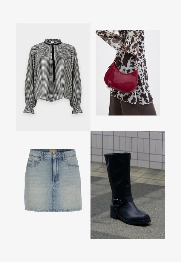 Zwart-witte geruite blouse met lange mouwen, ruches bij de kraag en manchetten, knoopsluiting aan de voorkant en een zwarte lintstrik bij de hals.; Lichtblauwe denim minirok met een aansluitende taille, knoopsluiting aan de voorkant, vijf zakken en subtiele vervagingen op de stof.; Zwarte leren kuitlaars met een lage blokhak en een decoratieve riem met metalen gesp rond de enkel, op een betegeld trottoir.; Vrouw met een zwart-wit gebloemde blouse houdt een glanzende rode schoudertas vast tegen een effen achtergrond.