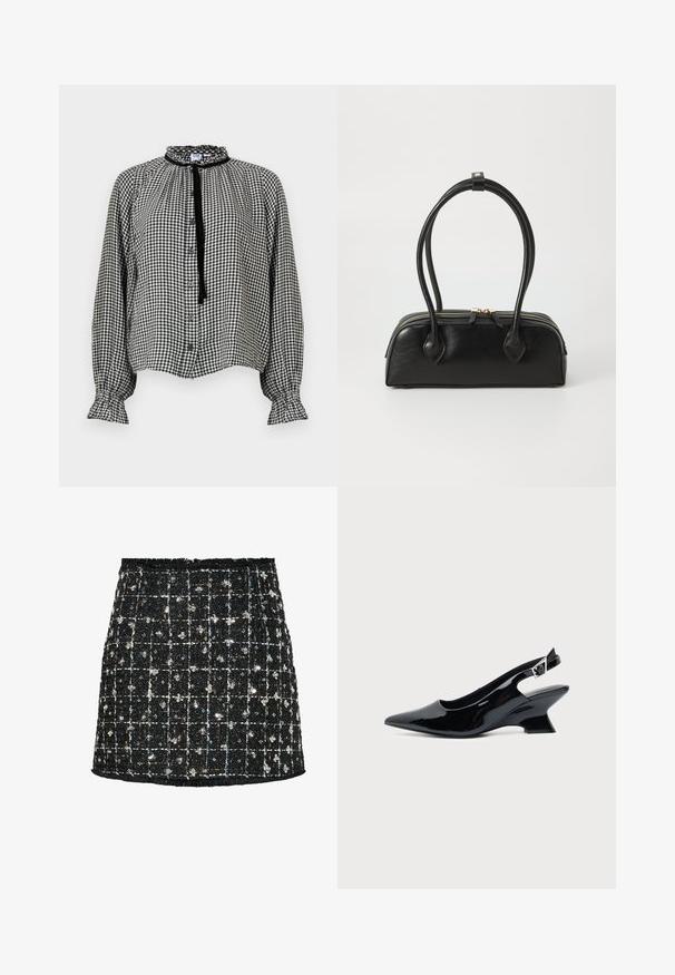 Blusa de manga larga de cuadros vichy en blanco y negro con cuello y puños con volantes, cierre frontal abotonado y una cinta negra para atar en el cuello.; Falda de tweed negra con un patrón de cuadros, adornada con lentejuelas y pequeños acentos florales, con un dobladillo deshilachado y un diseño ajustado.; Zapato slingback de cuero charol negro con puntera puntiaguda y tacón bajo en bloque inclinado sobre fondo claro liso.; Bolso de mano de cuero negro con dos asas alargadas, cierre de cremallera y forma redondeada; textura suave con un acabado ligeramente brillante.