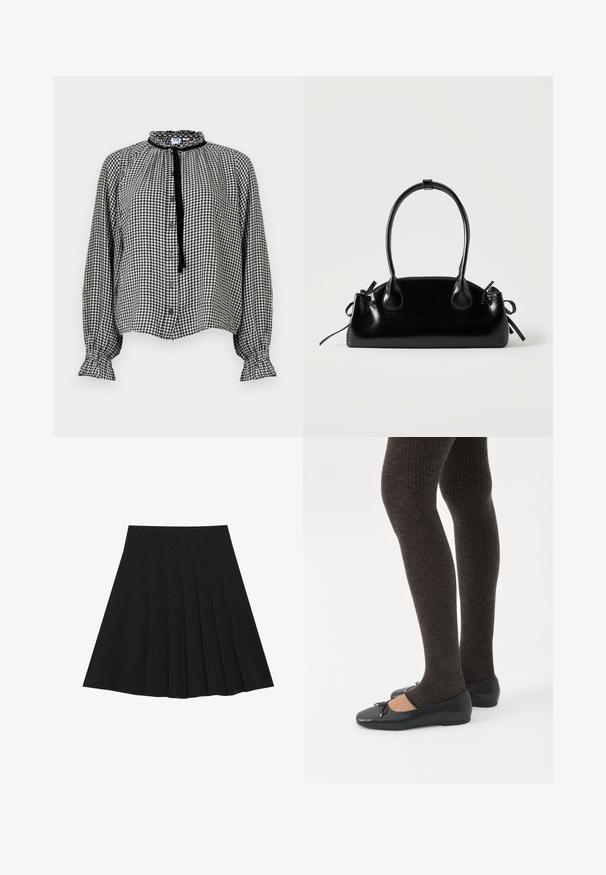 Blouse à manches longues en vichy noir et blanc avec col et poignets à volants, boutonnage sur le devant, et un ruban noir noué au cou.; Jupe plissée noire en tissu texturé avec une taille ajustée. Arrive au genou, présentant une silhouette lisse et épurée.; Jambes portant des leggings côtelés foncés associés à des ballerines noires avec de petits détails en nœud sur fond blanc.; Petit sac à main noir brillant avec deux longues anses et des détails à cordon sur les côtés sur un fond clair uni.