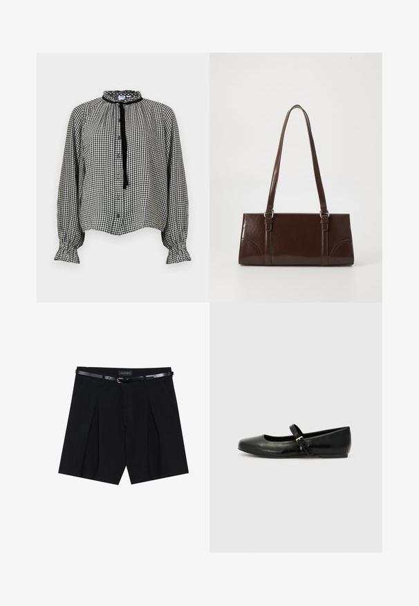 Zwart-witte geruite blouse met lange mouwen, ruches bij de kraag en manchetten, knoopsluiting aan de voorkant en een zwarte lintstrik bij de hals.; Zwarte op maat gemaakte shorts met plooien, voorzien van een slanke zwarte riem met een gouden gesp. Gemaakt van een soepele stof, die een verfijnde uitstraling biedt.; Zwarte leren balletschoenen met een ronde neus, een platte zool en een dunne verstelbare band over de wreef met een metalen gesp.; Bruine lakleren handtas met een rechthoekige vorm, twee lange handvatten en subtiele gebogen accenten aan de voorkant.