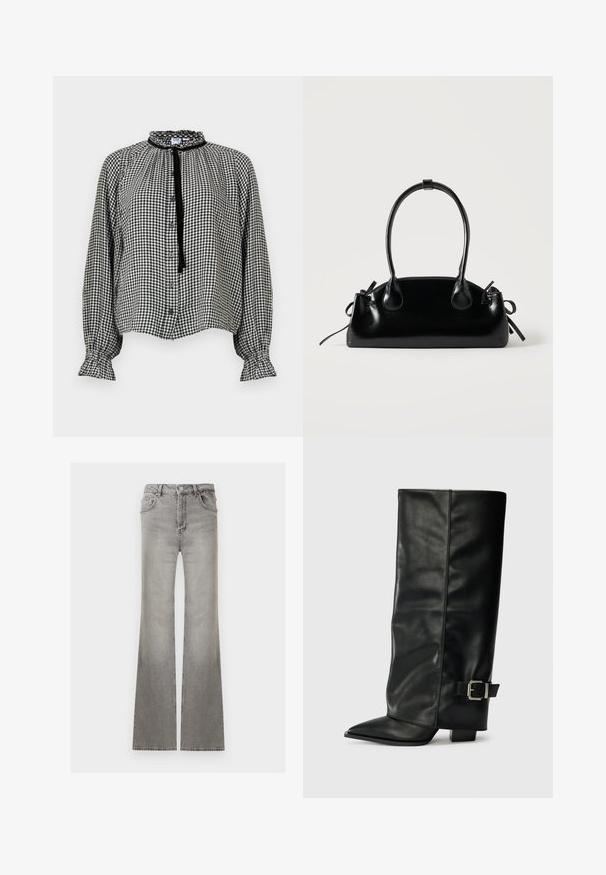 Blouse à manches longues en vichy noir et blanc avec col et poignets à volants, boutonnage sur le devant, et un ruban noir noué au cou.; Jean en denim gris taille haute avec fermeture par bouton et zip, poches avant et arrière, et jambes légèrement évasées.; Bottes noires en cuir longueur cheville avec un bout pointu, texture lisse et une accent en boucle argentée sur le côté. Talon carré épais.; Petit sac à main noir brillant avec deux longues anses et des détails à cordon sur les côtés sur un fond clair uni.