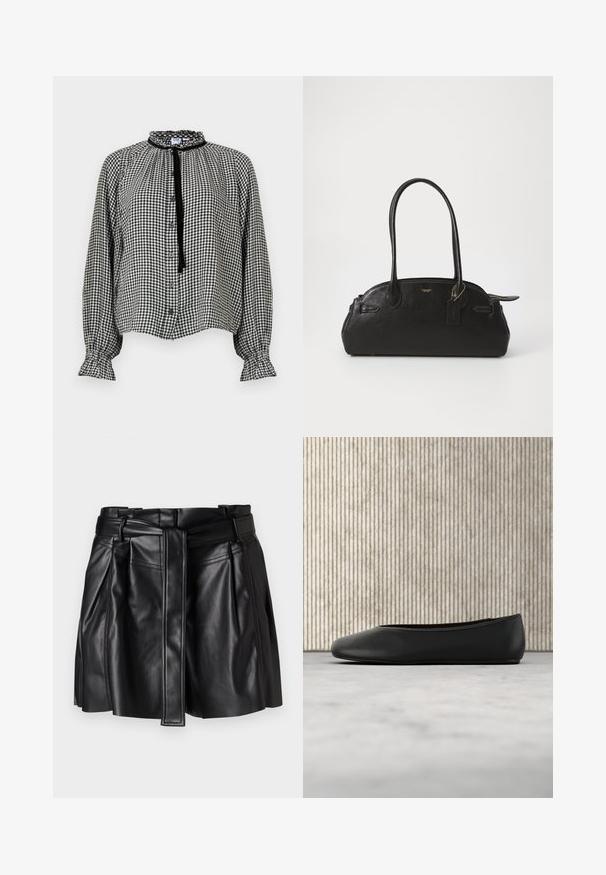 Blouse à manches longues en vichy noir et blanc avec col et poignets à volants, boutonnage sur le devant, et un ruban noir noué au cou.; Mini-jupe en cuir noir avec taille ceinturée, design plissé, texture lisse et détails de couture. Coutures horizontales et verticales visibles.; Ballerine en cuir noir avec un bout arrondi, texture lisse et un accent logo doré sur le côté. Placée au-dessus d'une surface réfléchissante.; Sac à main en cuir noir de forme arrondie, avec deux longues poignées, des éléments en métal doré et une petite étiquette accrochée. Fermeture zippée sur le dessus.
