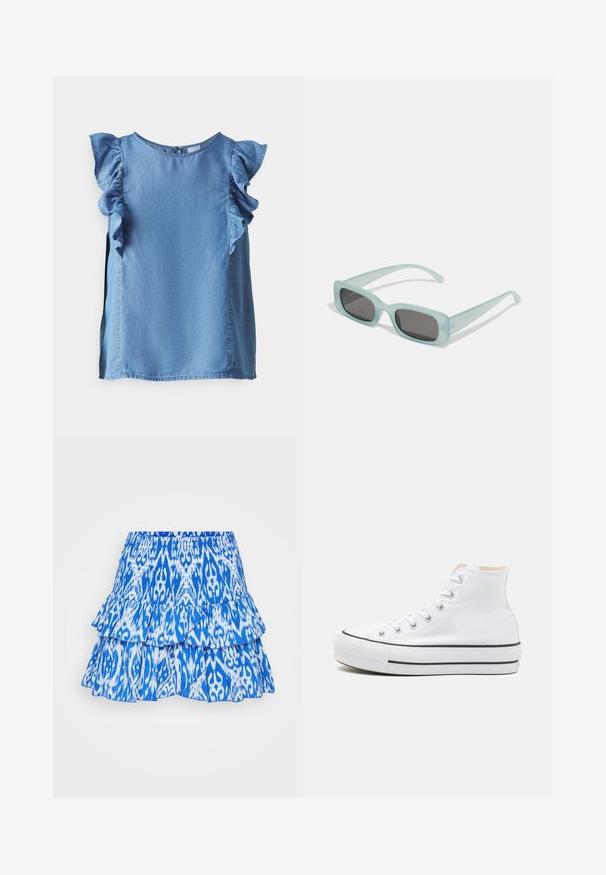 Licht denim mouwloos topje met gerimpelde accenten bij de schoudernaden en een ronde hals. Soepele textuur en een ontspannen pasvorm. Knopen sluiting achterop.; Blauwe gelaagde rok met een levendig ikatpatroon. Bevat gerimpelde lagen en een elastische tailleband voor verstelbaarheid. Het materiaal lijkt lichtgewicht te zijn.; Witte hoge sneakers van canvasmateriaal, zwarte rubberen zool en contrasterende zwarte streep op de tussenzool. Circulaire neus en vetersluiting.; Een paar rechthoekige zonnebrillen met lichtblauwe doorzichtige monturen en donkergrijze glazen, met rechte pootjes en minimale hardwaredetails.