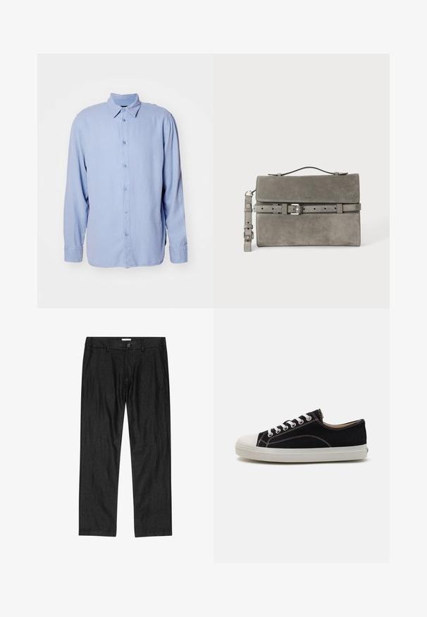 Camisa abotonada azul claro, hecha de una tela suave con un cuello clásico, mangas largas y cierre de botones en el frente. Diseño minimalista, sin patrones.; Pantalones negros de corte recto para hombre con botón frontal, bragueta con cremallera y bolsillos laterales, mostrados planos sobre fondo blanco.; Zapatillas de lona negras con puntera y suela de goma blanca, que presentan cordones blancos y costuras en contraste. Diseño de perfil bajo.; Bolso clutch rectangular de ante gris con asa superior, correa desmontable y detalle de cinturón con hebilla plateada en la solapa delantera.