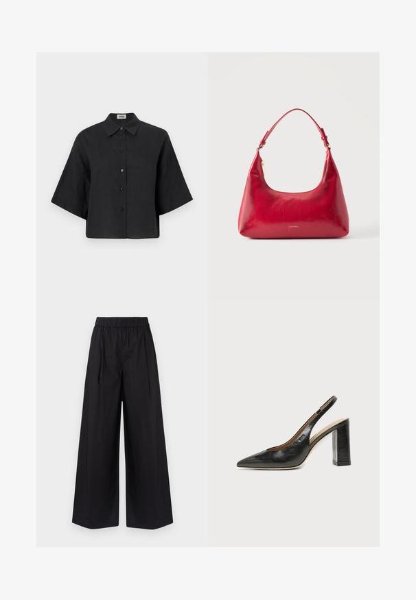 Chemise cropped en lin noir avec un col pointu, des manches courtes et une fermeture par boutons sur le devant. Elle possède une coupe décontractée et une texture lisse.; Pantalon large noir en tissu lisse, avec une taille élastique et sans poches visibles ni détails en métal.; Chaussure slingback en cuir noir à bout pointu avec un talon bloc haut et une doublure intérieure beige sur un fond clair uni.; Sac à épaule en cuir rouge avec fermeture éclair dorée et sangle réglable, logo Calvin Klein centré à l'avant.