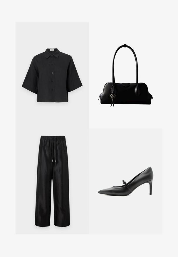 Chemise cropped en lin noir avec un col pointu, des manches courtes et une fermeture par boutons sur le devant. Elle possède une coupe décontractée et une texture lisse.; Pantalons larges noirs en tissu brillant avec une taille élastique et un cordon de serrage, ornés d'accents en métal argenté.; Escarpin noir en cuir à bout pointu avec une fine bride et une boucle sur le cou-de-pied, posé sur un fond clair neutre.; Sac à main en cuir noir Calvin Klein avec de longues anses, une étiquette logo à l'avant et un charme géométrique argenté suspendu à une anse.